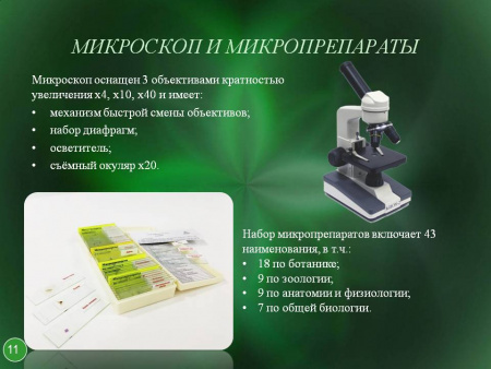 Биологическая микролаборатория с микропрепаратами и микроскопом 